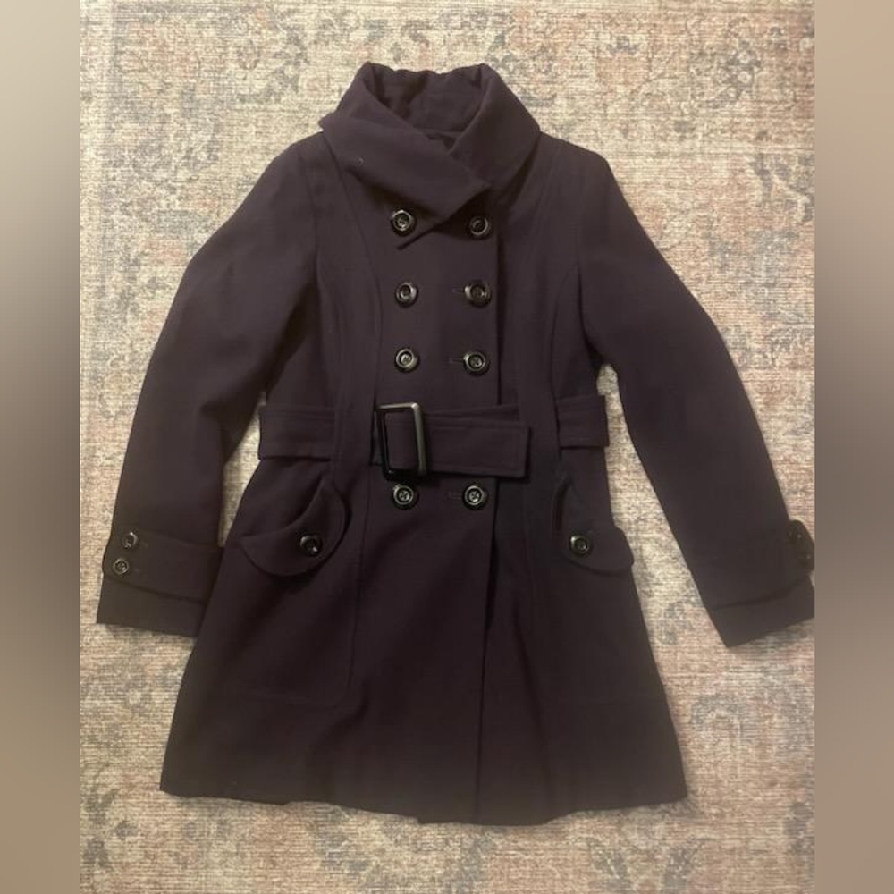 Deep purple/plum double breasted, belted peacoat. Cowl neck. Fully lined